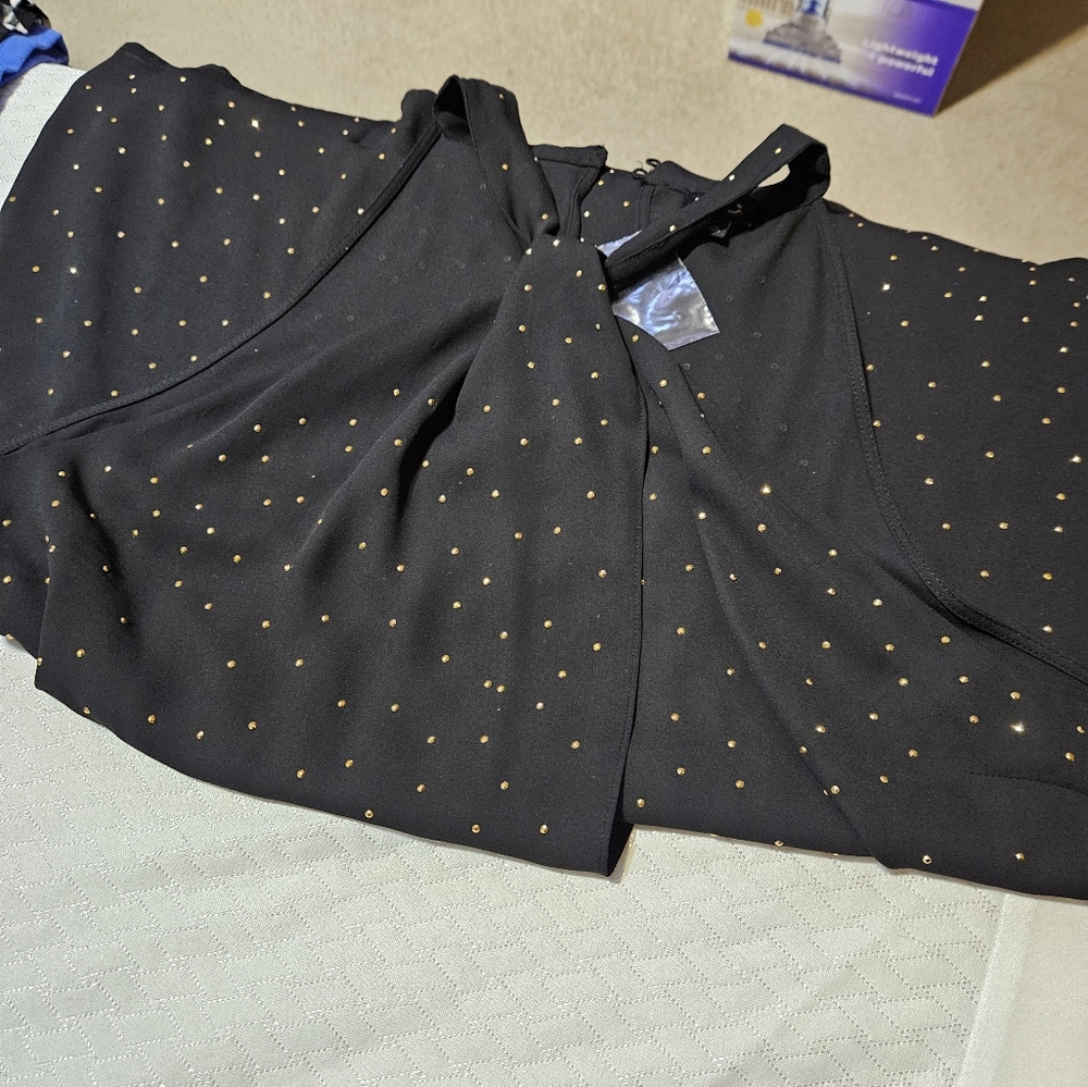 Chic Black Top with Gold Polka Dots